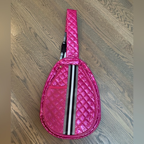 NWT Pickleball pink puffer crossbody bag with strip adjustable strap. - Picture 1 of 6
